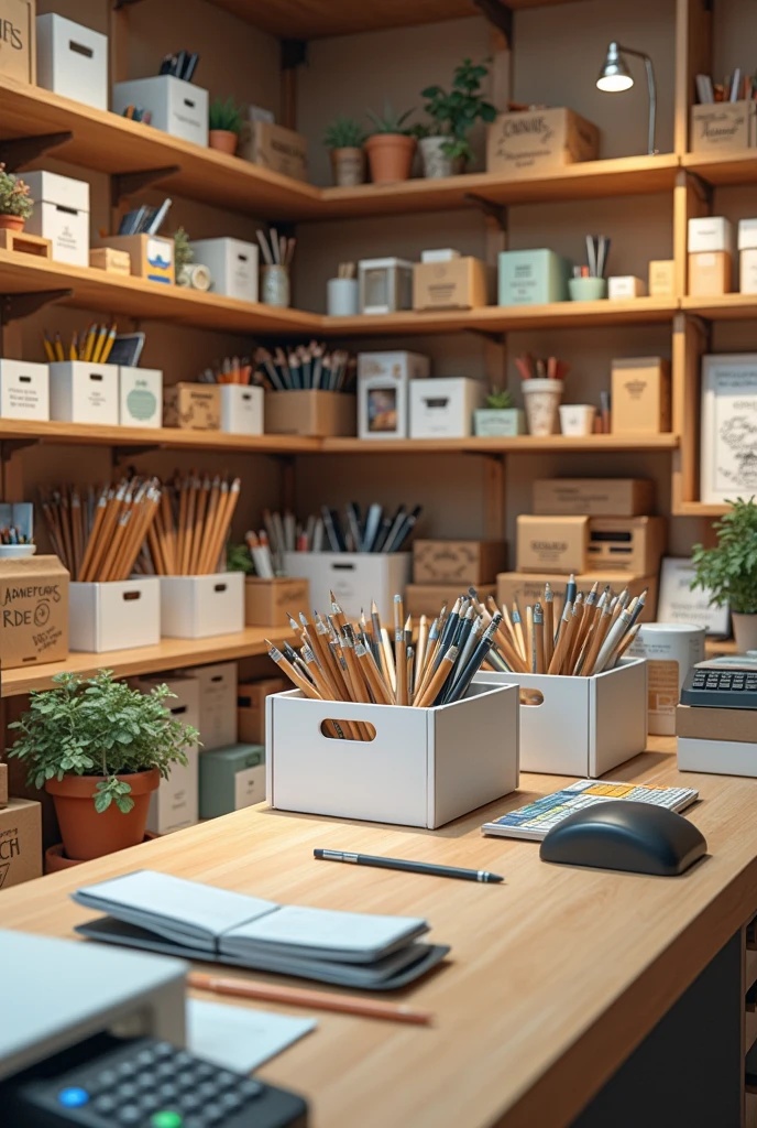 (photorealism:1.2), PHOTOGRAPH OF A SMALL STATIONERY SHOP, FULL OF WHITE CARDBOARD BOXES, pencils, PENCILS AND CALCULATORS