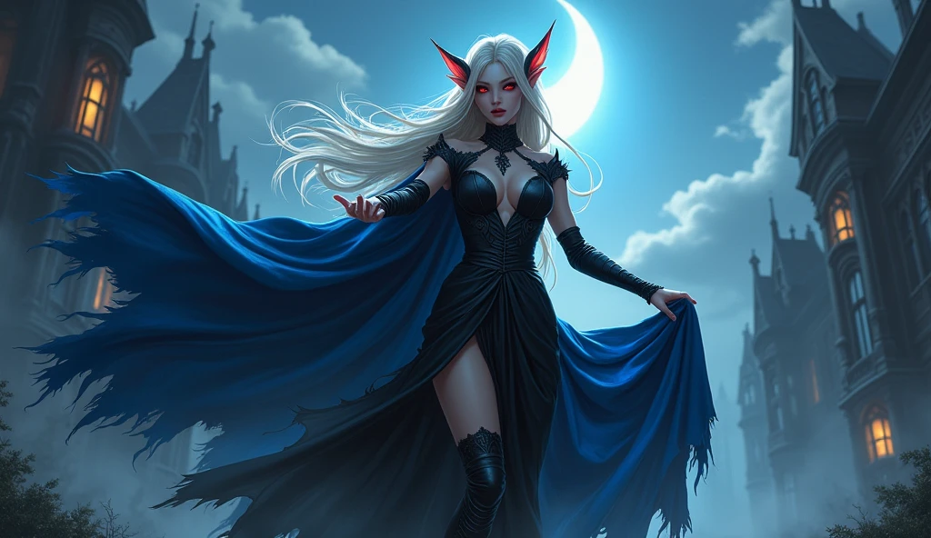 anime comic illustration fantasy art, gothic art, portrait of a female vampire elf, casting dark spell, with a long curvy hair, light color hair, red eyes, busty, Ultra Detailed Face, small pointed ears, blue cloak,  flowing cloak, wearing an intricate black leather dress,  high heeled boots, fantasy urban background, fantasy, at night light, natural ,moon light, clouds, gothic atmosphere, soft light, dynamic light,  high details, best quality, 32k, [ultra detailed], masterpiece, best quality, (extremely detailed), dynamic angle