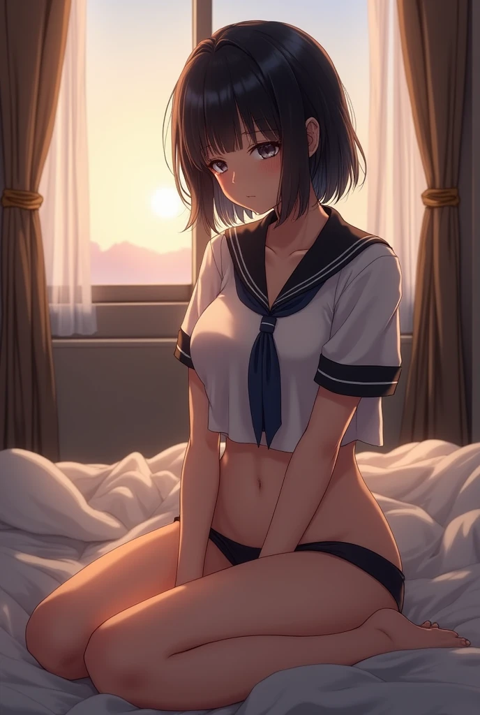 (masterpiece, One girl, Japanese, 4, 短いBlack Hair, (Sitting pose, Spread your legs:1.2), The window opposite, Luxury hotel room, Evening Light) Sailor suit、Japanese Girl、Black Hair、Long Hair、sense of cleanliness、Sleepy eyes、Staring at the crystal、Hollow Eyes、Highest quality、classroom、No pupil、Looks sleepy、Upper Body、I can see your chest、I can see your underwear、Large Breasts
