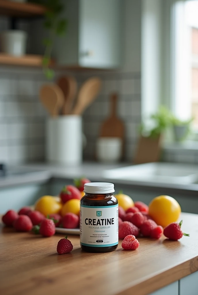 small jar of creatine on a kitchen table with berries behind, with blurred background