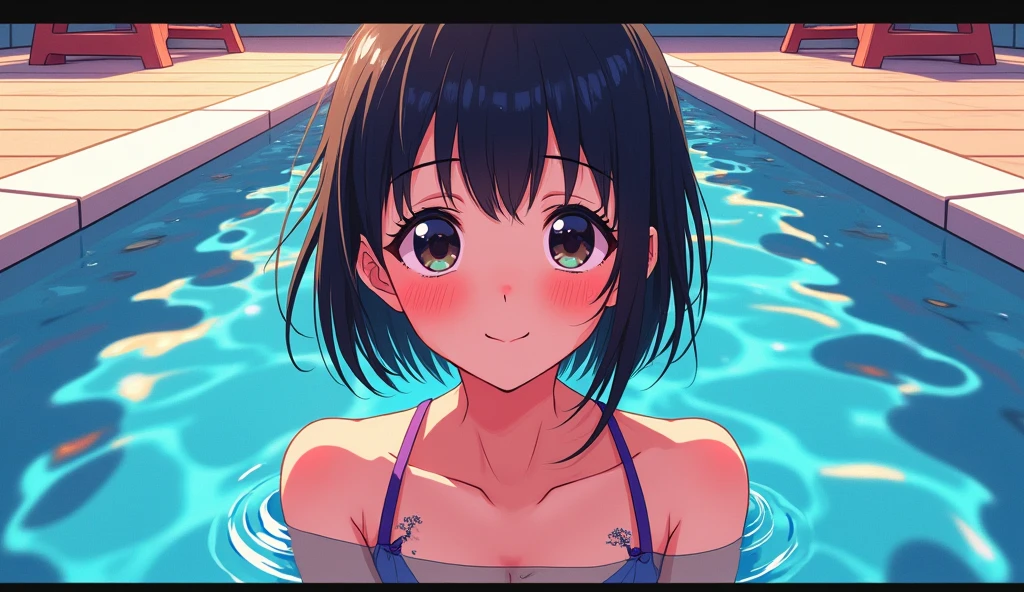 (Superflat, Flat Shading, flat-colors:1.1)、(Magazine Cover)、Illustrations、(one asian boyish girl)、(cute little:1.2)、very beautiful  cartoon girl、Great smile、cheeks are reddened、(High Detail Skin: 1.2)、photorealistic anime girl render、realistic anime 3 d style、cute littleボブカット、Beautiful brown hair、Intense black eyes、Strong highlights of the eyes、(A detailed、medium chest)、Perfect Anatomy、hair messy、Old Style School Swimwear、((Torn and tattered school swimsuit))、White School Swimsuit、((Wet with water))、From below、((from the front side))、Showing off school swimsuit、School swimsuit with small area、Angle from your feet、Angle from below、((Angle looking up from below、Crotch show off))、Volumetric lighting、Soft light、Bright、neons、Vibrant colors、watercolor paiting、