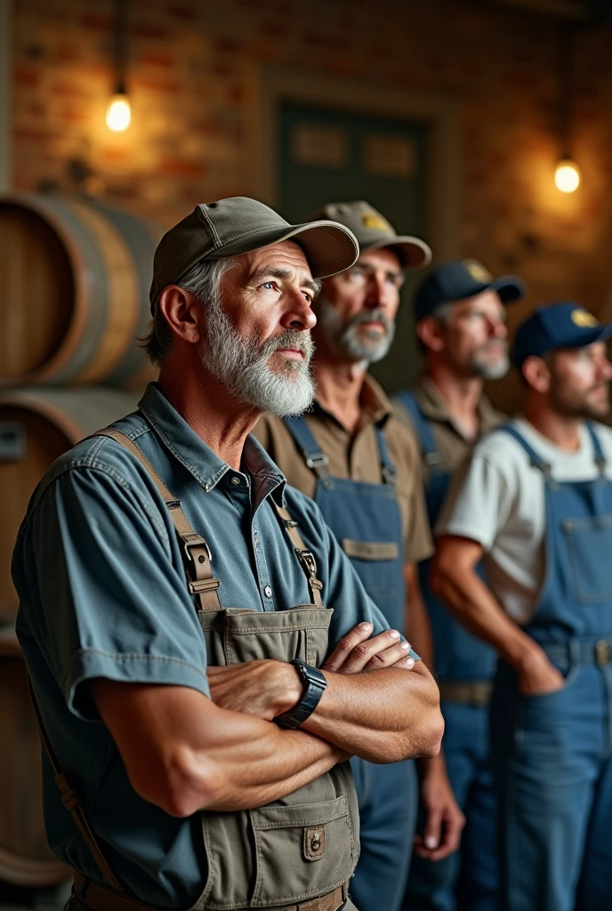 Create a photo of winery workers watching a health campaign about the importance of hydration 