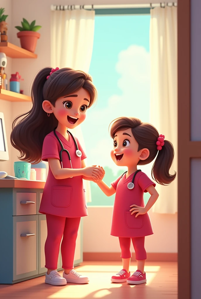 young girl, female doctor in cherry uniform, animated cartoon 