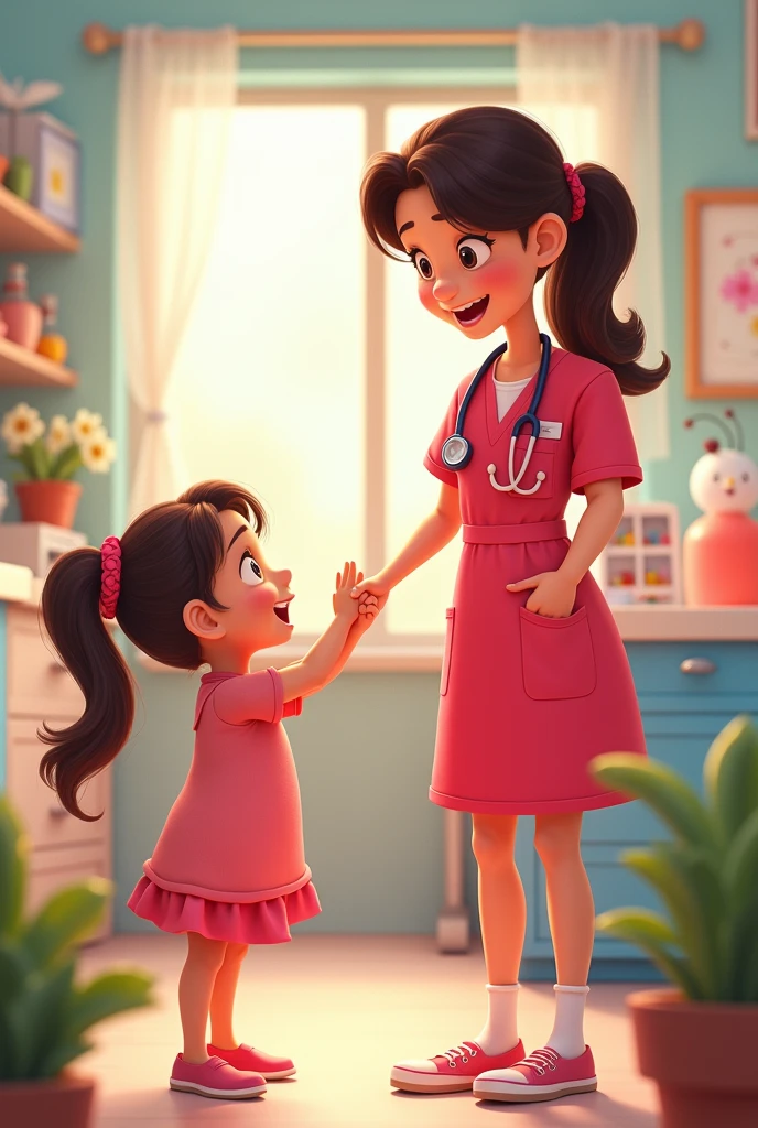 young girl, female doctor in cherry uniform, animated cartoon