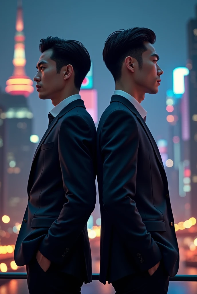 Two Korean men standing back to back but standing together, one a model and one a businessman looking to the right with the city of Seoul at night in the background