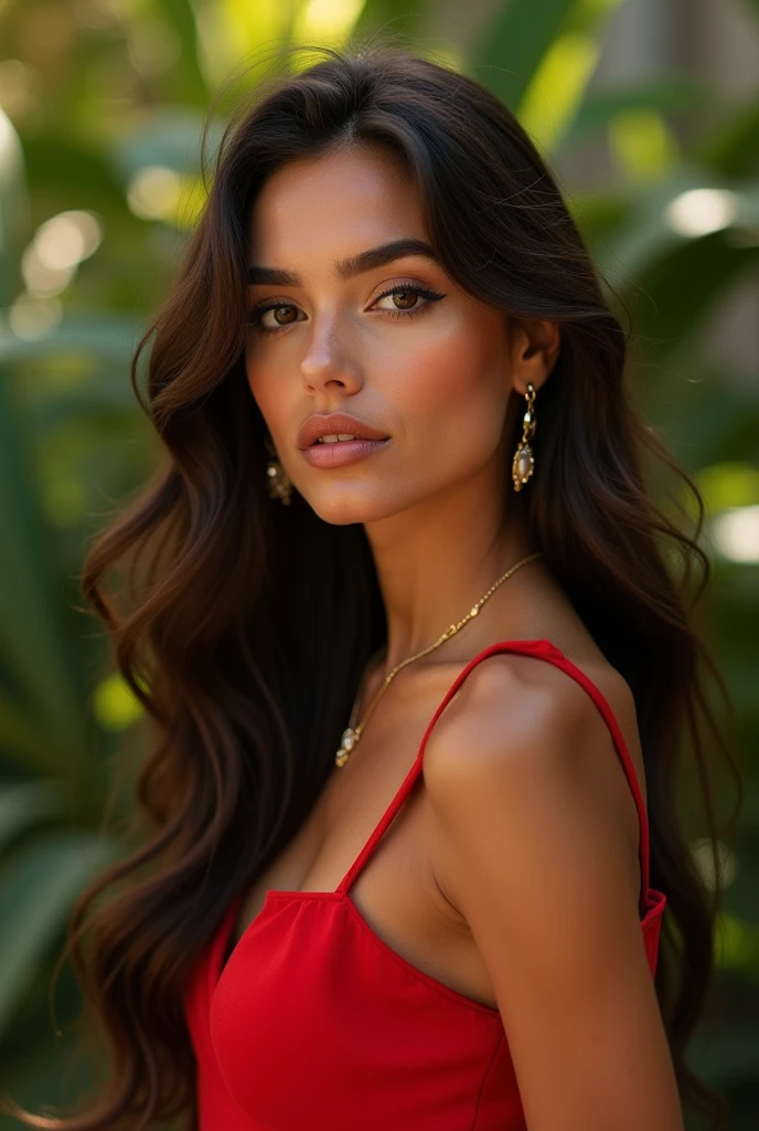 Créez une image exceptionnellement réaliste et esthétique d'une magnifique femme latine dans la vingtaine, parfaitement adaptée pour un rendu Instagram. Ses longs cheveux bruns foncés tombent en vagues souples et volumineuses, avec un éclat brillant, captant la lumière pour un effet soigné et glamour. Sa peau est dorée par le soleil, avec un éclat chaleureux et naturel, accentué par un léger highlighter qui met en valeur ses pommettes. De subtiles taches de rousseur apparaissent sur son visage, ajoutant une touche authentique et naturelle.
Ses yeux brun profond sont captivants, avec des reflets lumineux qui créent un effet presque magnétique. Elle porte un maquillage subtil mais impeccable : un eyeliner fin, des cils volumineux et recourbés, et des lèvres pulpeuses délicatement teintées d'une nuance nude rosée. L'ensemble est naturel mais sophistiqué, parfait pour une esthétique Instagram.
Elle est vêtue d'une robe rouge élégante et ajustée, fabriquée dans un tissu soyeux qui capte la lumière de manière flatteuse, mettant en valeur ses courbes de manière naturelle. La robe a des plis et des froissements réalistes, ajoutant du dynamisme à l'image. Ses accessoires sont raffinés et tendance : un fin collier en or avec un petit pendentif, de petites boucles d'oreilles en or, et un bracelet délicat, le tout avec une finition légèrement brillante qui capte subtilement la lumière.
L'arrière-plan est un cadre tropical luxuriant, composé de feuillage vert vif et de fleurs colorées, parfait pour un post Instagram. La lumière est douce et dorée, typique de l'heure dorée en fin de journée, projetant des ombres flatteuses et créant une ambiance chaleureuse. Le décor semble vivant, presque palpable, avec un effet légèrement flou à l'arrière-plan pour mettre l'accent sur le sujet.
Son expression est détendue et naturelle, avec un sourire doux et légèrement espiègle qui semble inviter à la connexion. L'ensemble de l'image est conçu pour être non seulement réaliste, mais aussi e