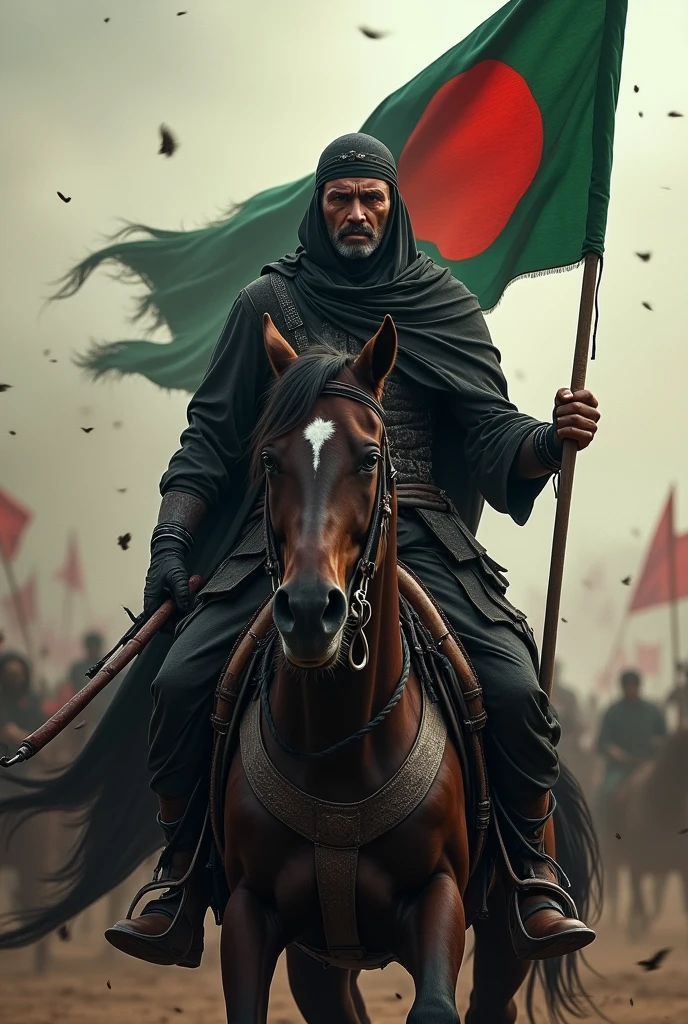 A Muslim warrior carries two flags on his shoulders, one Bangladeshi flag and the other a black flag with kalima. he is wearing black battle dress,riding horse
