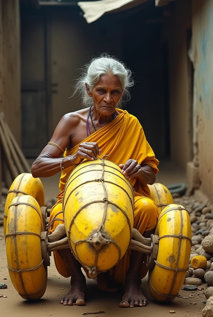 a indian poor old woman a making a big car out of banana