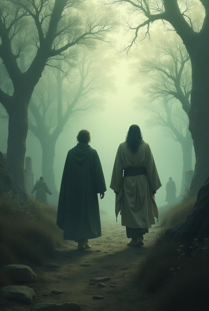 Elisha following Elijah through haunting places, with other prophets in the background, but Elisha always by Elijah's side, representing persistence and loyalty to the calling.