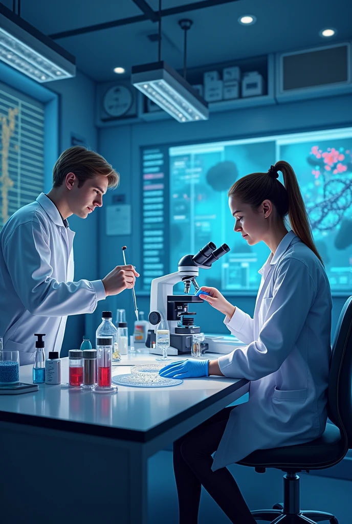 A modern biotechnology laboratory where a group of scientists works on research and development. In the middle, a laboratory table with microscopes, sample jars, and genetic analysis equipment. A scientist uses a pipette on a petri dish, while another analyzes data on a computer that displays 3D graphics and molecules. In the background, Financial charts symbolize the connection between biotechnology research and business opportunities.