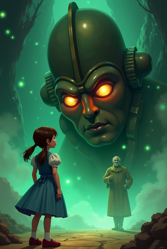 An illustration of The Wizard of Oz: Dorothy, a young girl with brown pigtails, stands before a large, imposing mechanical head. She is dressed in her iconic blue dress and red shoes. The mechanical head has an intimidating expression, with glowing eyes and visible gears. Behind the head, a shadowy figure of an old man, the true wizard, is hiding in fear. The scene is filled with mystery, wonder, and magic, with green lights and clouds of smoke enhancing the enchanting atmosphere