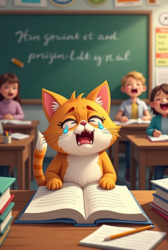 Cat is cry in class room because he can't read book in the front of table teacher so angry students laughing on him