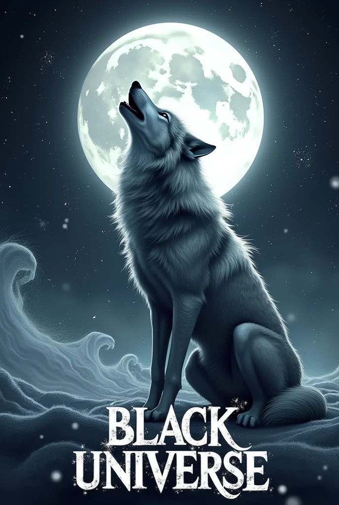 Visualize an esports emblem featuring a majestic at the moon, set amidst a backdrop of swirling icy winds and snowflakes, with the name "Black Universe" prominently displayed in bold lettering below.