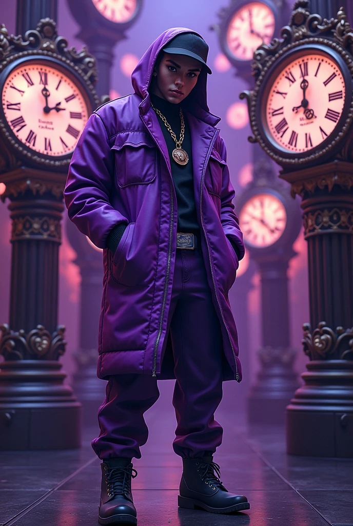 Purple has to be the most striking color, with vintage clocks and a rapper in anime mode