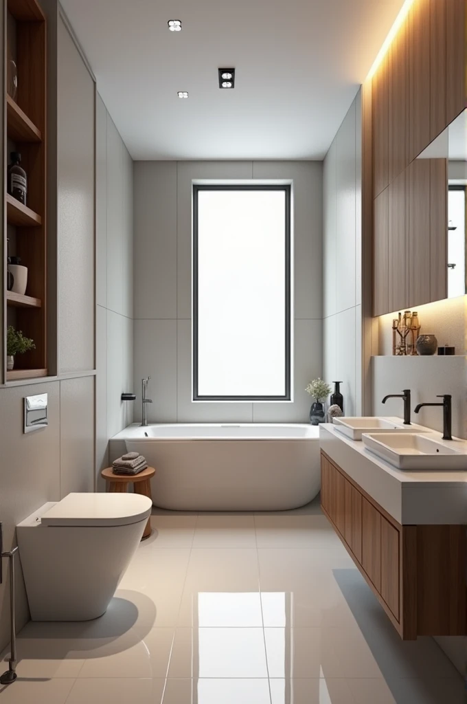 contemporary bathroom , small frosted glass window, super realistic render vray, with glass box up to the ceiling , suspended sanitary ware , wooden panel ,premium bathroom design, Cinematic Soft Vray,high quality rendering, render vray, Smooth, studio-quality rendering, vray 8k rendering, very realistic 3D rendering, render in vray, very realistic render