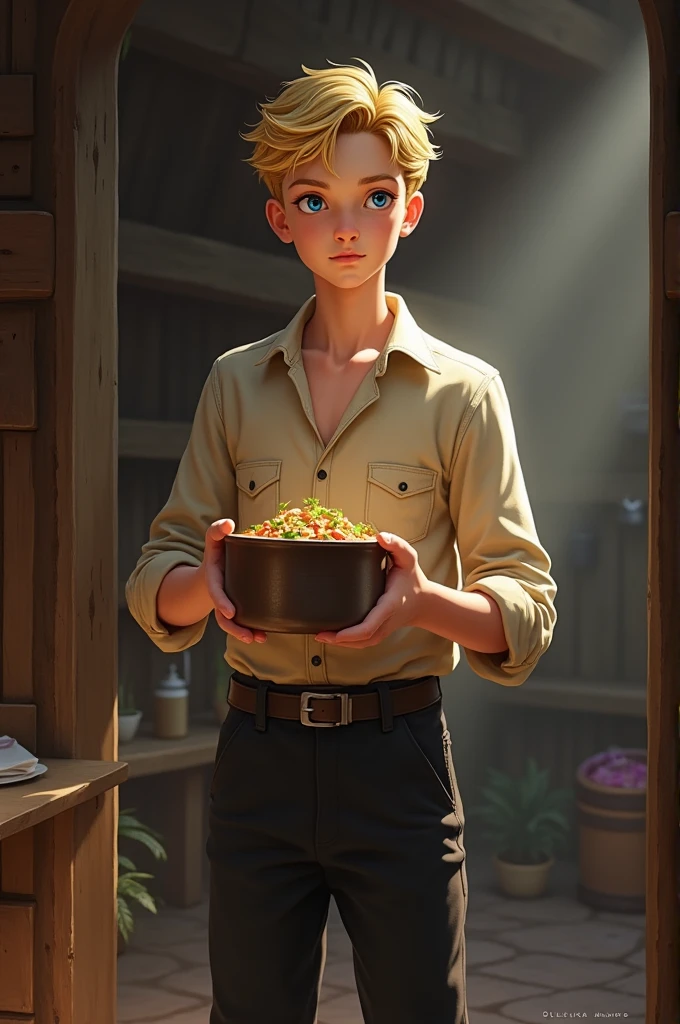 Create an image: a blond haired ager, metallic blue eyes, with beige shirt and black pants with pocket, he is handsome and is in a wooden room holding a pot with food. It is part of a fantasy book
