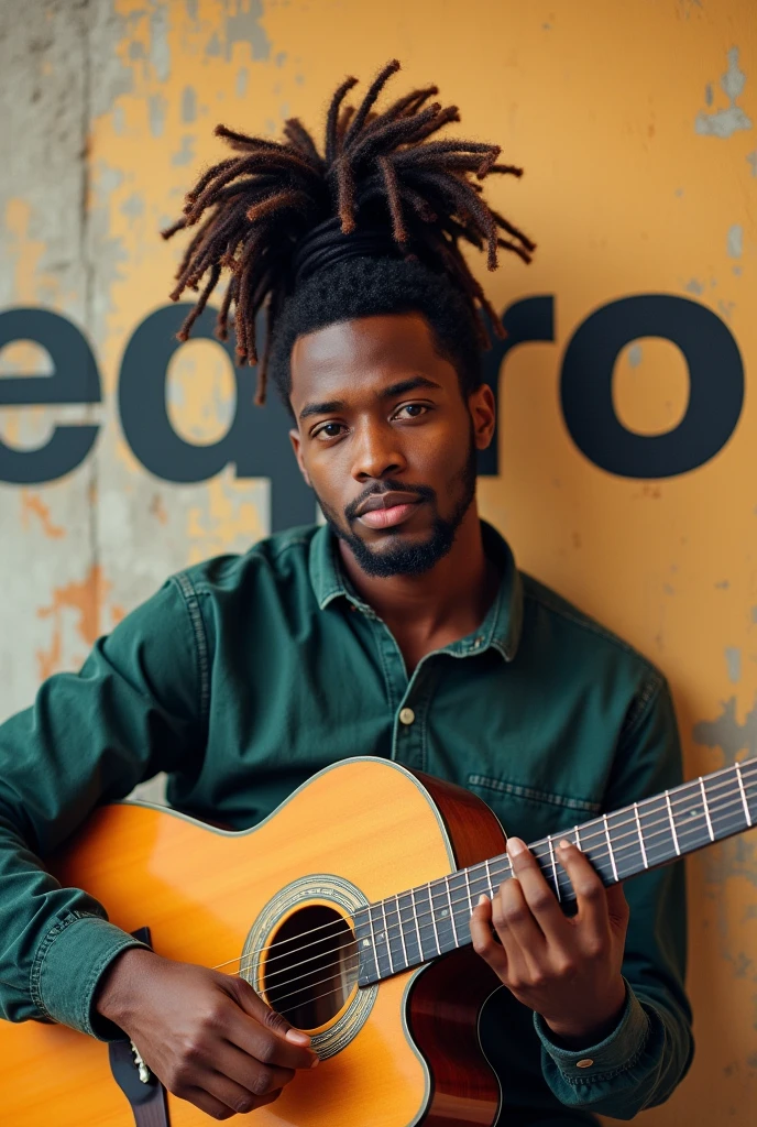 Young dark-skinned man with long curly hair tied on top of his head with a guitar in his hand and on a wall behind him the letters EDPRO