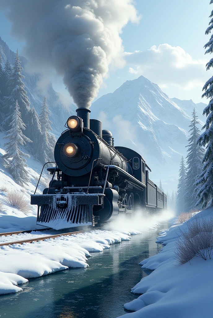 a steam locomotive and heavy snowfall, a stream on one side and a mountain on the other