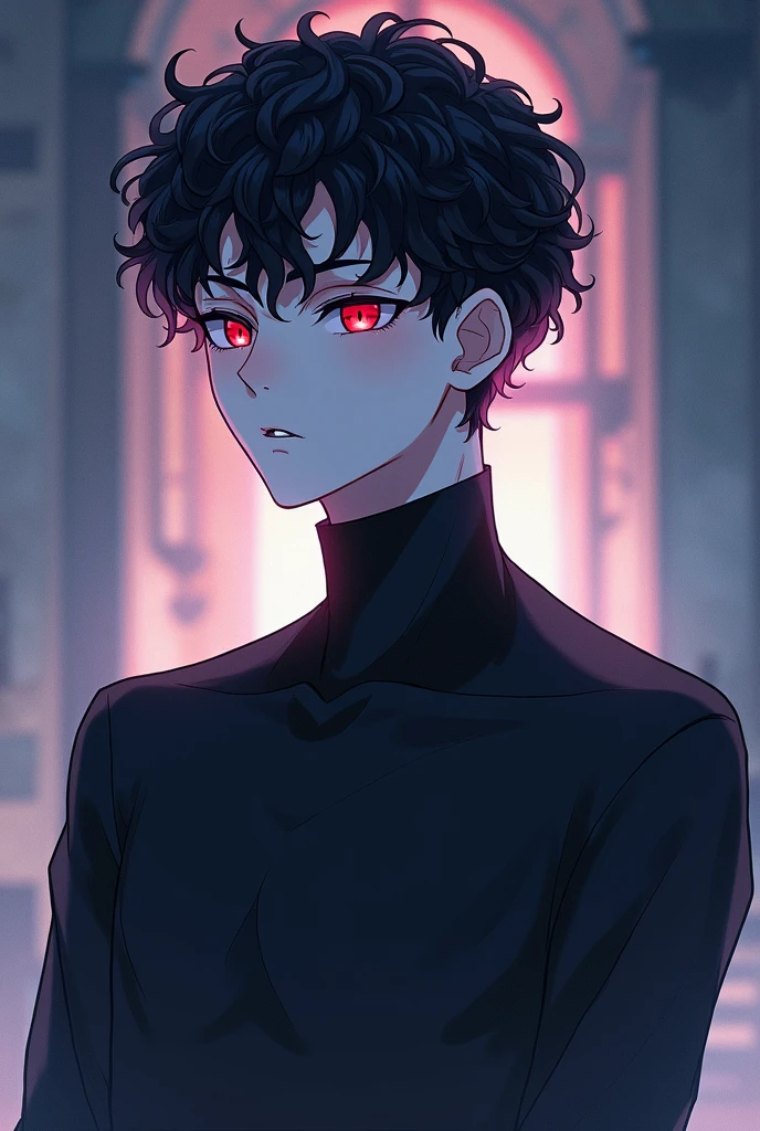 handsome, tall young man with a lean muscular build,pale skin. He has curly black hair and sharp, almond-shaped eyes. His irises are cat-like in appearance and are of a plum red color. Anime