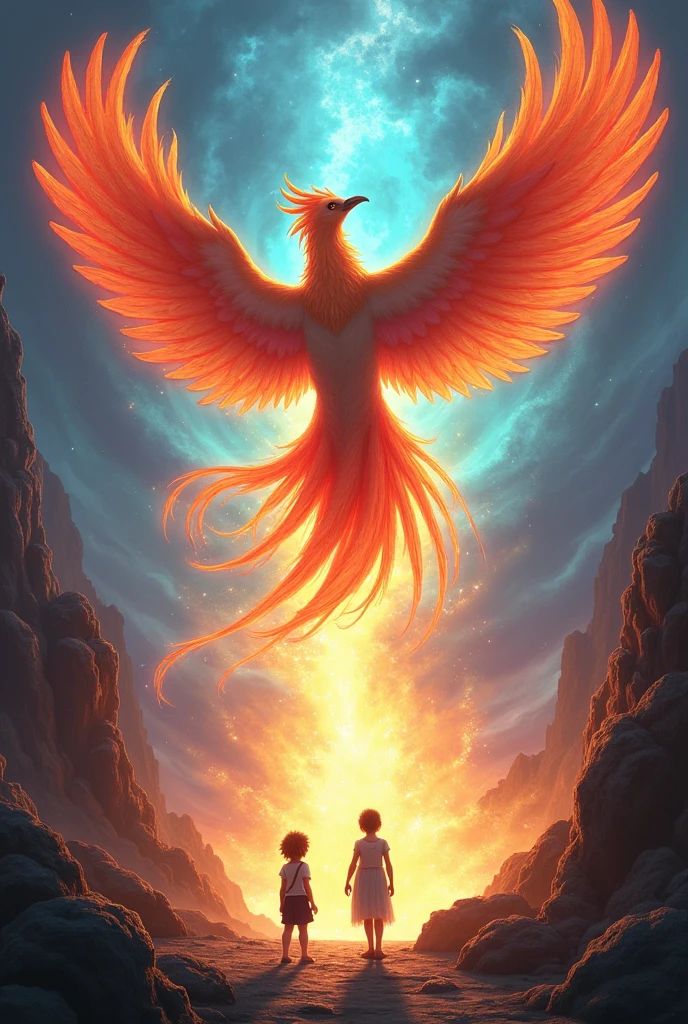 Create an account cover where a phoenix appears flying over a portal with a boy on the left and a girl on the right looking at the portal