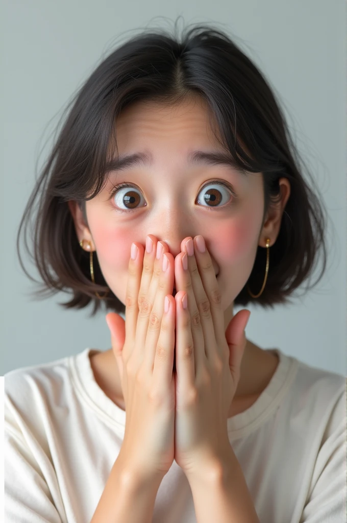 Create an image of a 20-year-old girl wearing a white shirt, who is surprised, with wide, bright eyes, covering her mouth with both hands in shock.