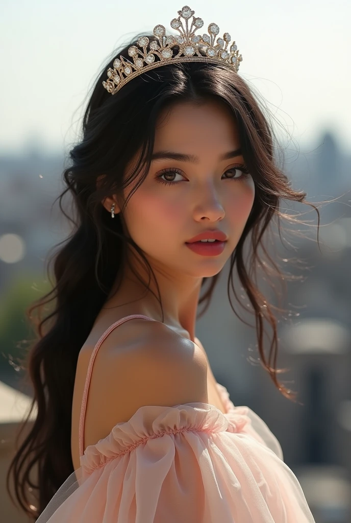 A very pretty girl with pink lips, very black and half wavy hair on the terrace of an apartment in the city of London with the morning light illuminating her face and the wind ruffling her hair with a very beautiful brando dress and a tiara on her head, the girl is pure and has an innocent look with slightly pink cheeks of Greek appearance with hazel eyes, she is a Greek girl slightly turning her head, , white skin with delicate features (princes