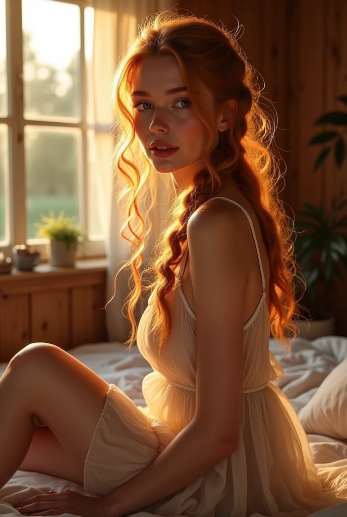 nordic young woman, cute face, seductive, best quality, masterpiece, translucent summer dress, golden hour, detailed textures, long braided hair, sitting on bed, posing, casual pose, wooden cottage, interior, [blush], aesthetic, intricate, caustics, light rays, sunlight, (((soft lips))), (((glossy lips))), highly detailed, (semi-realistic:1.2), red hair, ((1girl))