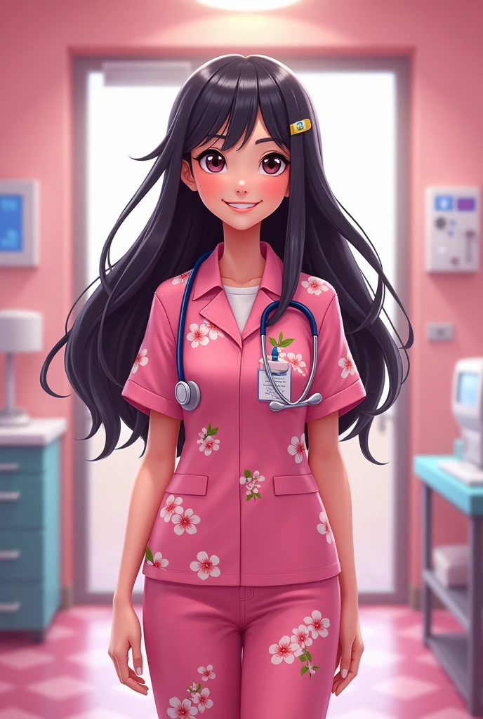 female doctor in cherry uniform, animated cartoon, long black hair
