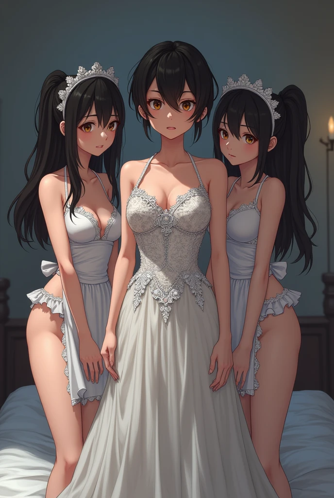 Very detailed, highest quality, High resolution, Moe Anime, (((4 cute girls with black hair and droopy eyes))), Blue Eyes, Sparkle in the eyes, Big eyes, tareme, View your viewers, Pale skin, Focus on the face, at the park, ((The upper half of the body is a see-through lace negligee, and the lower half is naked.)), ((nsfw)), ((Very short hairstyle:1.5)), (Slightly below:1.2), ((Flat Chest:1.4)), (arms behind back:1.4)
