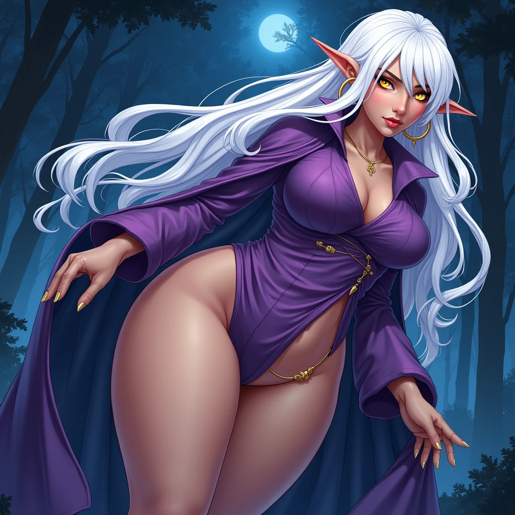 Young woman, elf, dark elf, long white hair, hairband, hair over one eye, gold eyes, glowing eyes, Large breasts, Hoop Earrings, Long Pointy Ears, royal clothes, legs exposed, dark purple tunic, walking through forest, night skyMasterpiece, Best Quality, Award Winning, Super Detailed, UHD, 