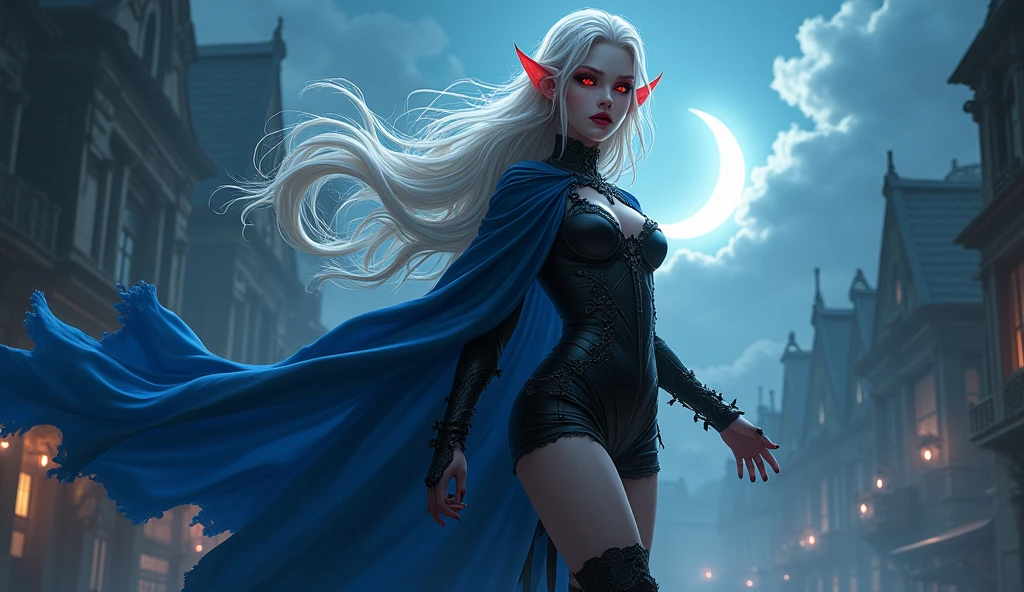 anime comic illustration fantasy art, gothic art, portrait of a female vampire elf, casting dark spell, with a long curvy hair, light color hair, red eyes, busty, Ultra Detailed Face, small pointed ears, blue cloak,  flowing cloak, wearing an intricate black leather dress,  high heeled boots, fantasy urban background, fantasy, at night light, natural ,moon light, clouds, gothic atmosphere, soft light, dynamic light,  high details, best quality, 32k, [ultra detailed], masterpiece, best quality, (extremely detailed), dynamic angle
