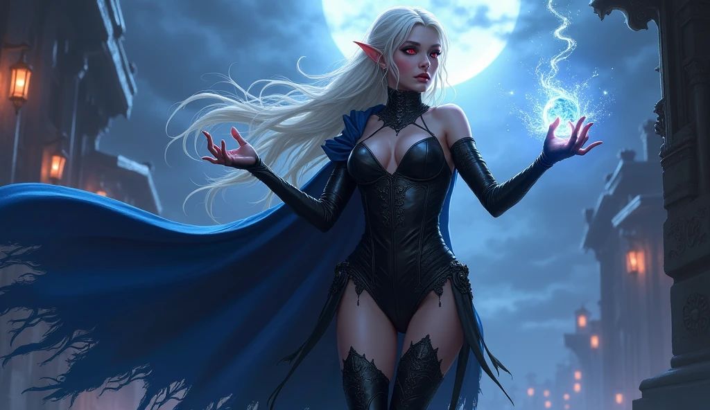 anime comic illustration fantasy art, gothic art, portrait of a female vampire elf, casting dark spell, with a long curvy hair, light color hair, red eyes, busty, Ultra Detailed Face, small pointed ears, blue cloak,  flowing cloak, wearing an intricate black leather dress,  high heeled boots, fantasy urban background, fantasy, at night light, natural ,moon light, clouds, gothic atmosphere, soft light, dynamic light,  high details, best quality, 32k, [ultra detailed], masterpiece, best quality, (extremely detailed), dynamic angle