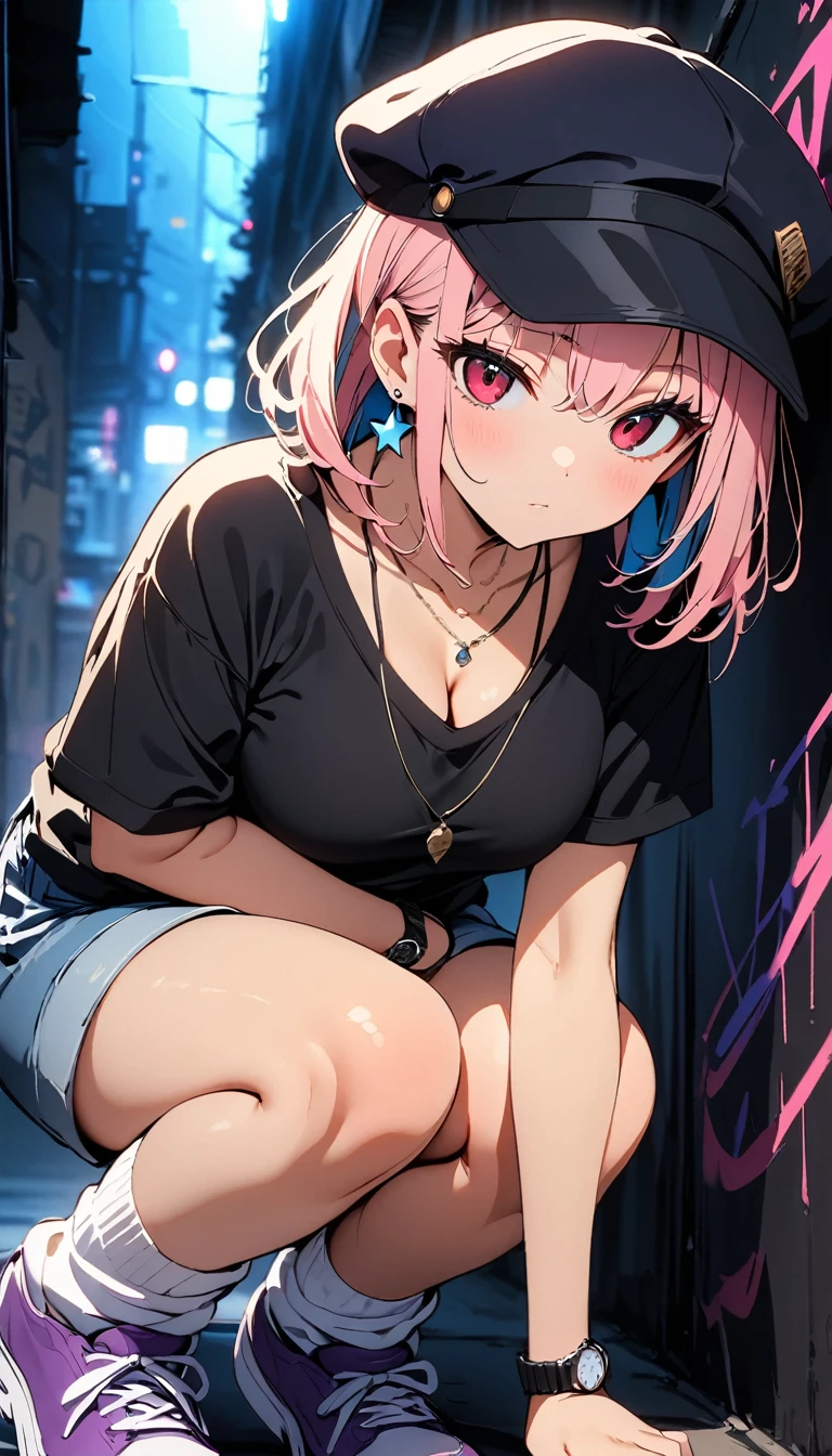 (high quality, 8k, 4K, High Contrast, masterpiece:1.2, 最high quality, Best aesthetics),high angle shot, full shot, Newsboy cap:1.1, ((1 female)),((Crouching:1.5)), ((Low light graffiti background:1.3)), ((Flat Color)),High Contrast, Contrasting colors, , Pale pink and blue lighting,Pink Hair, Red eyes, Oversized blackTshirt,Denim shorts,(White loose socks),Purple sneakers, Looking at the audience, (Cool look), Sleepy eyes, ((Short Hair)) , (Tied Hair), Small star-shaped earrings in both ears, bright eyeshadow, Mature face,watch on right wrist,necklace,The cleavage is visible