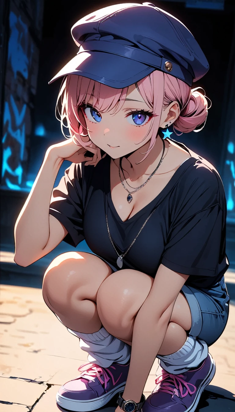 (high quality, 8k, 4K, High Contrast, masterpiece:1.2, 最high quality, Best aesthetics),high angle shot, full shot, Newsboy cap:1.1, ((1 female)),((Crouching:1.5)), ((Low light graffiti background:1.3)), ((Flat Color)),High Contrast, Contrasting colors, , Pale pink and blue lighting,Pink Hair, Red eyes, Oversized blackTshirt,Denim shorts,(White loose socks),Purple sneakers, Looking at the audience, (Cool look), Sleepy eyes, ((Short Hair)) , (Tied Hair), Small star-shaped earrings in both ears, bright eyeshadow, Mature face,watch on right wrist,necklace,The cleavage is visible