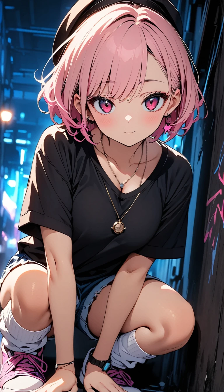 (high quality, 8k, 4K, High Contrast, masterpiece:1.2, 最high quality, Best aesthetics),high angle shot, full shot, Newsboy cap:1.1, ((1 female)),((Crouching:1.5)), ((Low light graffiti background:1.3)), ((Flat Color)),High Contrast, Contrasting colors, , Pale pink and blue lighting,Pink Hair, Red eyes, Oversized blackTshirt,Denim shorts,(White loose socks),Purple sneakers, Looking at the audience, (Cool look), Sleepy eyes, ((Short Hair)) , (Tied Hair), Small star-shaped earrings in both ears, bright eyeshadow, Mature face,watch on right wrist,necklace,The cleavage is visible