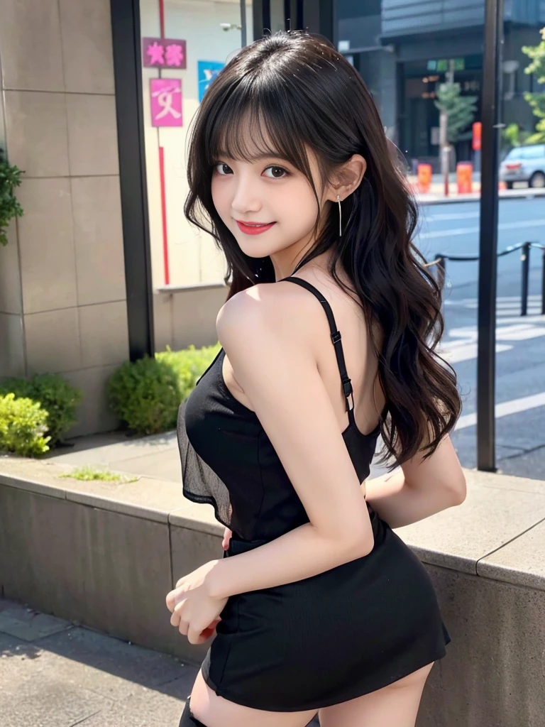 1 women, long black wavy hair、bangss、sexy transparrent tank top, Pluffy nipple、sexy mini skirt、Medium milk, cute smile face、(Butt sticking out pose)、(turned around)、sexy hips、with transparrent glass heels、Parks with lakes、sexy  pose、Sexy leg、earrings、Photos showing the whole body