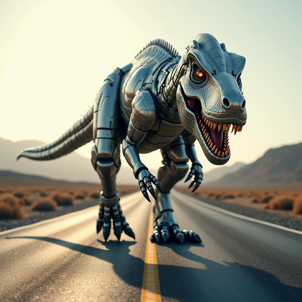 Create a realistic image, on the long road, a T rex with ironman's body is made up of ironman's iconic composed of elements , the image will be cool and shiny. 