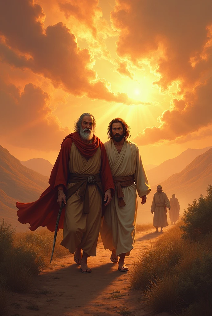 Elisha following Elijah to different places (Betel, Jericho, Jordan), fiery skies, with other prophets in the background, but Elisha always by Elijah&#39;s side, representing persistence and loyalty to the calling.