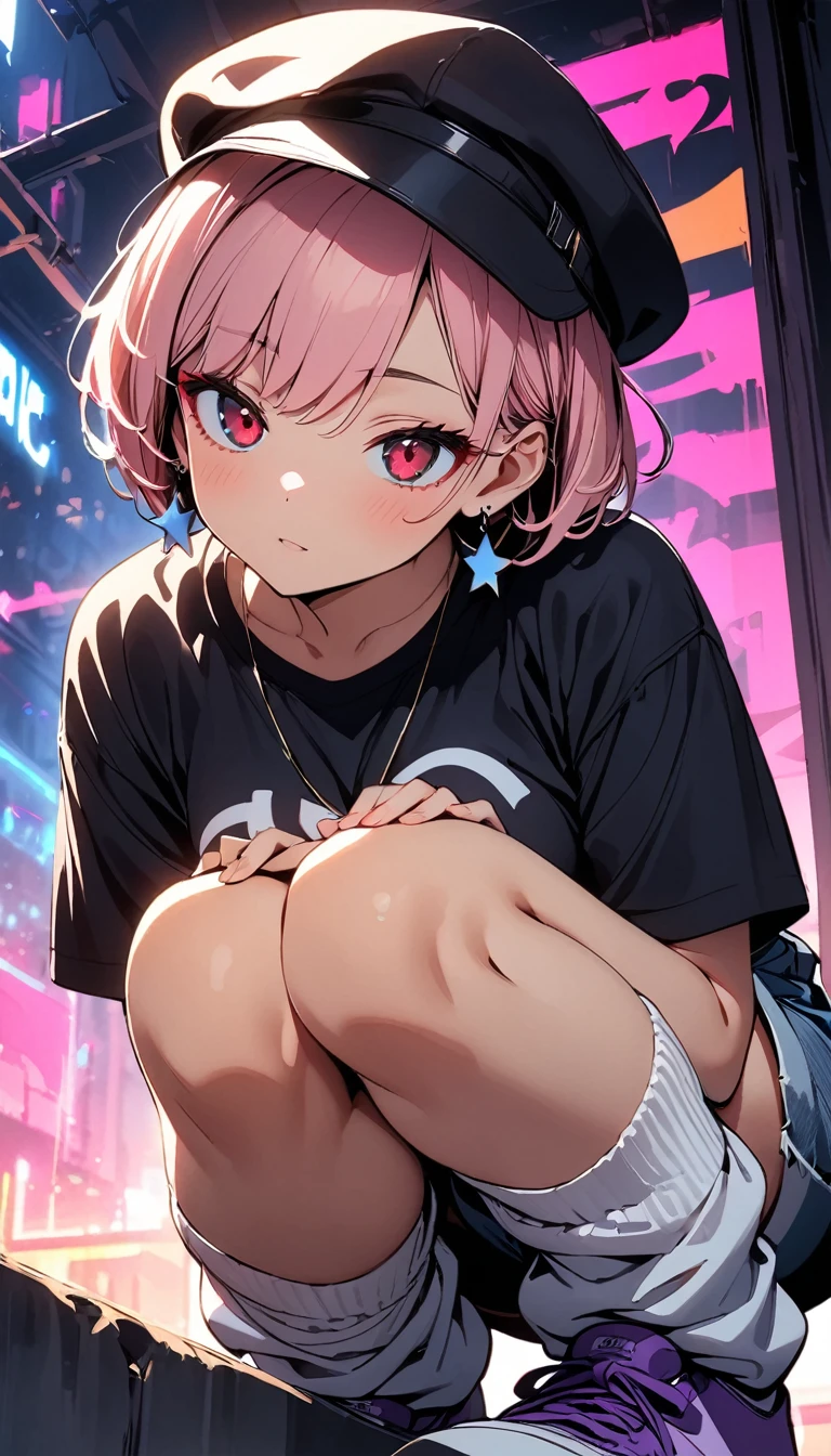 (high quality, 8k, 4K, High Contrast, masterpiece:1.2, 最high quality, Best aesthetics),high angle shot, full shot, Newsboy cap:1.1, ((1 female)),((Crouching:1.5)), ((Low light graffiti background:1.3)), ((Flat Color)),High Contrast, Contrasting colors, , Pale pink and blue lighting,Pink Hair, Red eyes, Oversized blackTshirt,Denim shorts,(White loose socks),Purple sneakers, Looking at the audience, (Cool look), Sleepy eyes, ((Short Hair)) , (Tied Hair), Small star-shaped earrings in both ears, bright eyeshadow, Mature face,watch on right wrist,necklace,The cleavage is visible