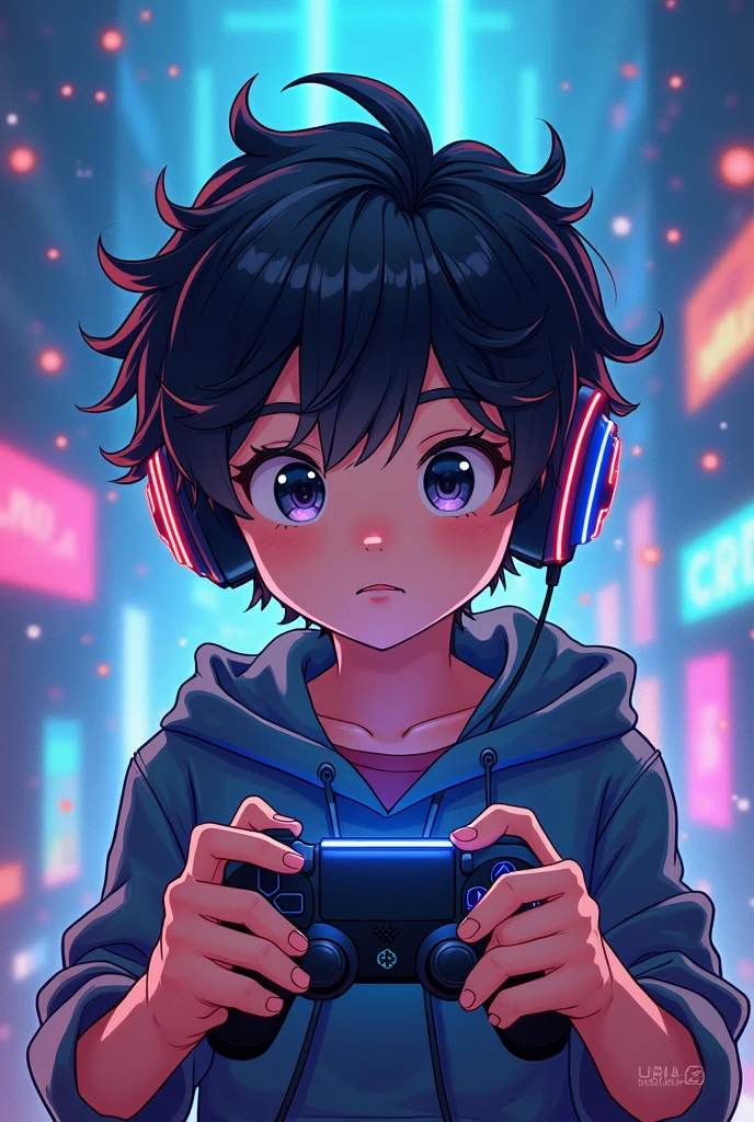 Anime of a young dark-haired boy with curly hair wearing headphones and a Playstation controller