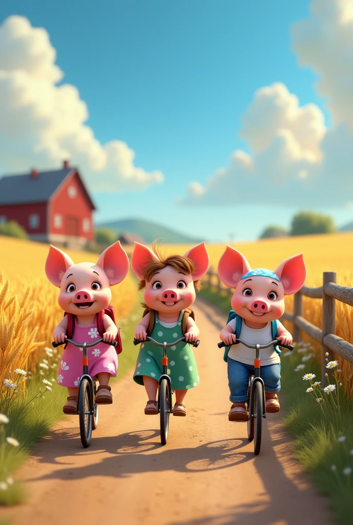 Charming countryside scene, pixar style, 3d, 3 piglets wearing dresses riding bicycles carrying backpacks. one piglet is wearing pink dress with white flowers carrying backpack, other piglet is wearing green dress with white polka dots carrying backpack, one piglet is wearing white t-shirt blue jeans and a blue bandana carrying backpack, Winding dirt road through golden wheat fields. Wildflowers dotting roadside. Rustic wooden fence, distant red barn. Fluffy white clouds in blue sky. Girl's pigtails and dress fluttering in breeze. Warm sunlight, long shadows, game on art, Game illustration, lovely digital painting, artstation for kidst, Official artwork, key art, mobile game art, cover game art, zootopia concept art, (soft lighting:1.3), (green and earthy color scheme:1.3), (highly detailed), (ultra quality:1.3), (masterpiece), (digital art), 8K resolution, HDR, depth of field, (soft shadows), (photorealistic:1.3), (animation:1.2), (by Greg Rutkowski:0.9), (in the style of Alphonse Mucha), trending on ArtStation, award-winning art, 3d style