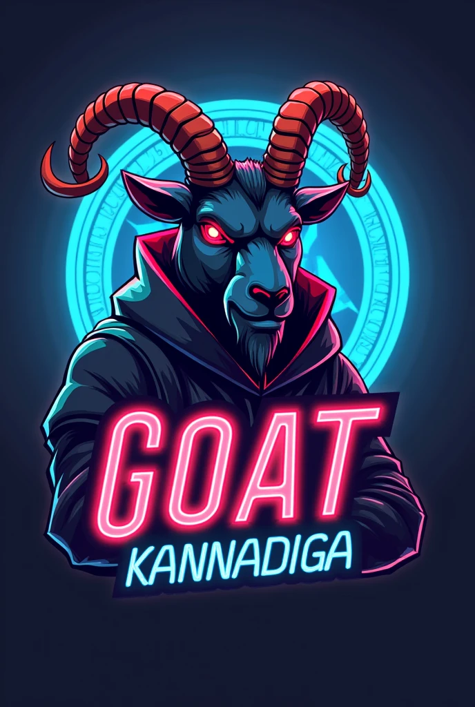 This is a gaming logo that features the name "GOAT KANNADIGA" in a futuristic font style and a mixed color. and Goat avtar, The text inside logo also has a stylized emblem icon. The logo is designed to be attractive and eye-catching, and to appeal to gaming enthusiasts.