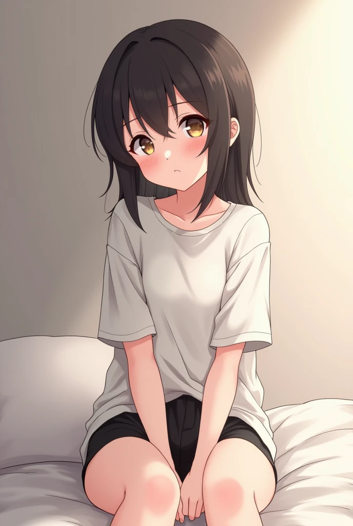 Komi of anime "Komi can't communicate" having shy face. Wearing white loss tshirt and black very short shorts. Her face litte upward seeing down to eyes. Her blush and cheeks gone pink. Background:she sitting on the bed, both hands on bed between legs 