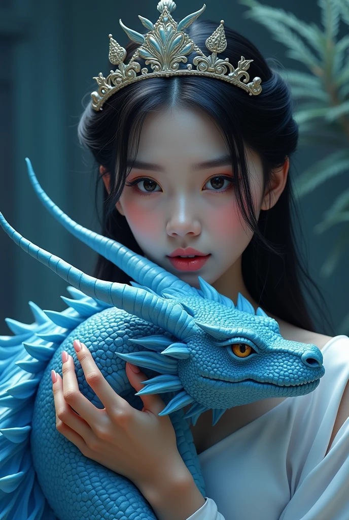 a close up of a statue of a Indonesian woman holding a dragon, a detailed painting, fantasy art, blue realistic 3 d render, guweiz, resting, beautiful avatar pictures, smooth Indonesia dragon, beautiful intricate masterpiece, detailed and soft, with blue skin, beautiful and realistic