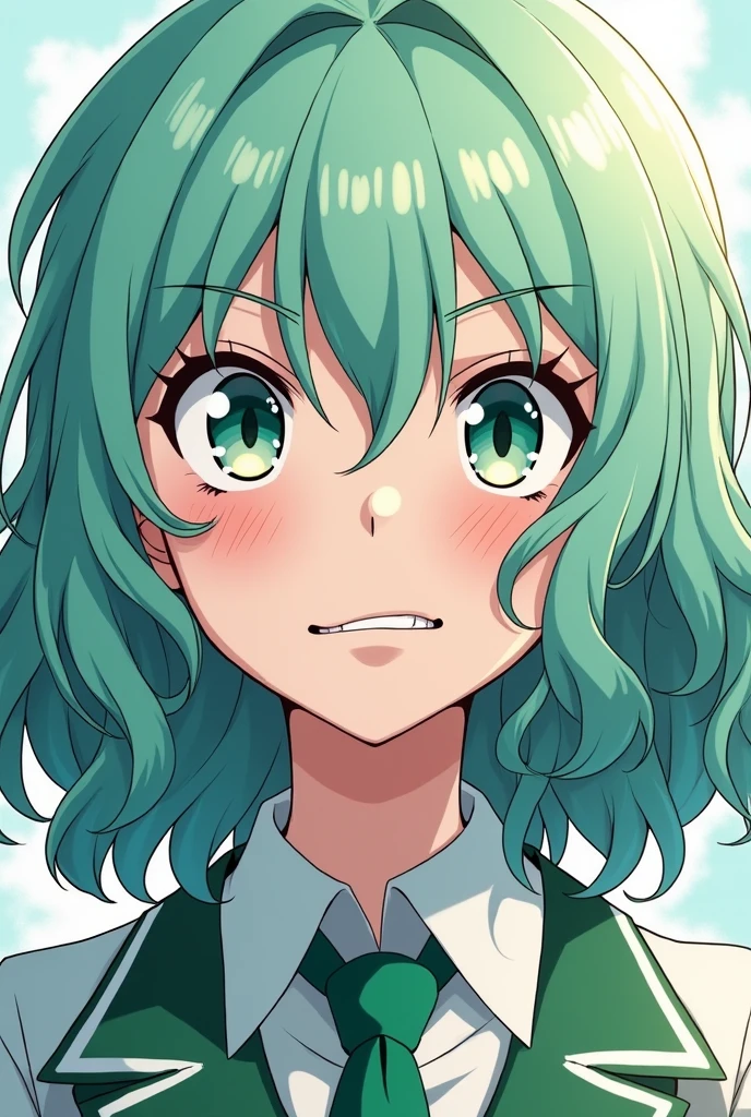 girl panel style Boku no hero wavy hair medium hair light mint color very bright mint eyes very slanted eyes outfit Boku no hero uniform fair skin sarcastic smile showing teeth sexy eyes