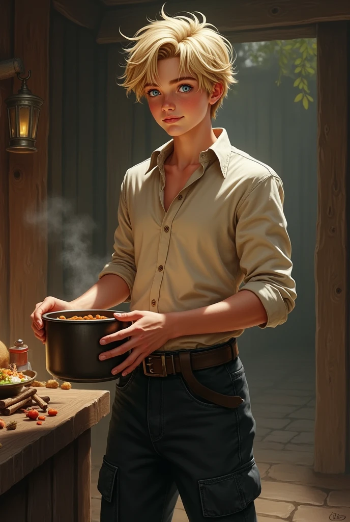 Create an image: a realistic boy with blond hair, metallic blue eyes, with beige shirt and black pants with pocket, he is handsome and is in a wooden room holding a pot with food. It is part of a fantasy book