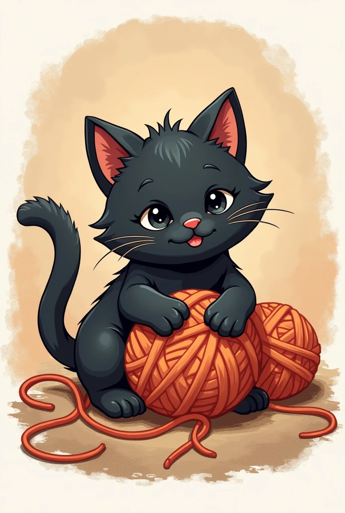 A crochet shop logo featuring a cat playing with a ball of yarn. The cat must be black or brown
