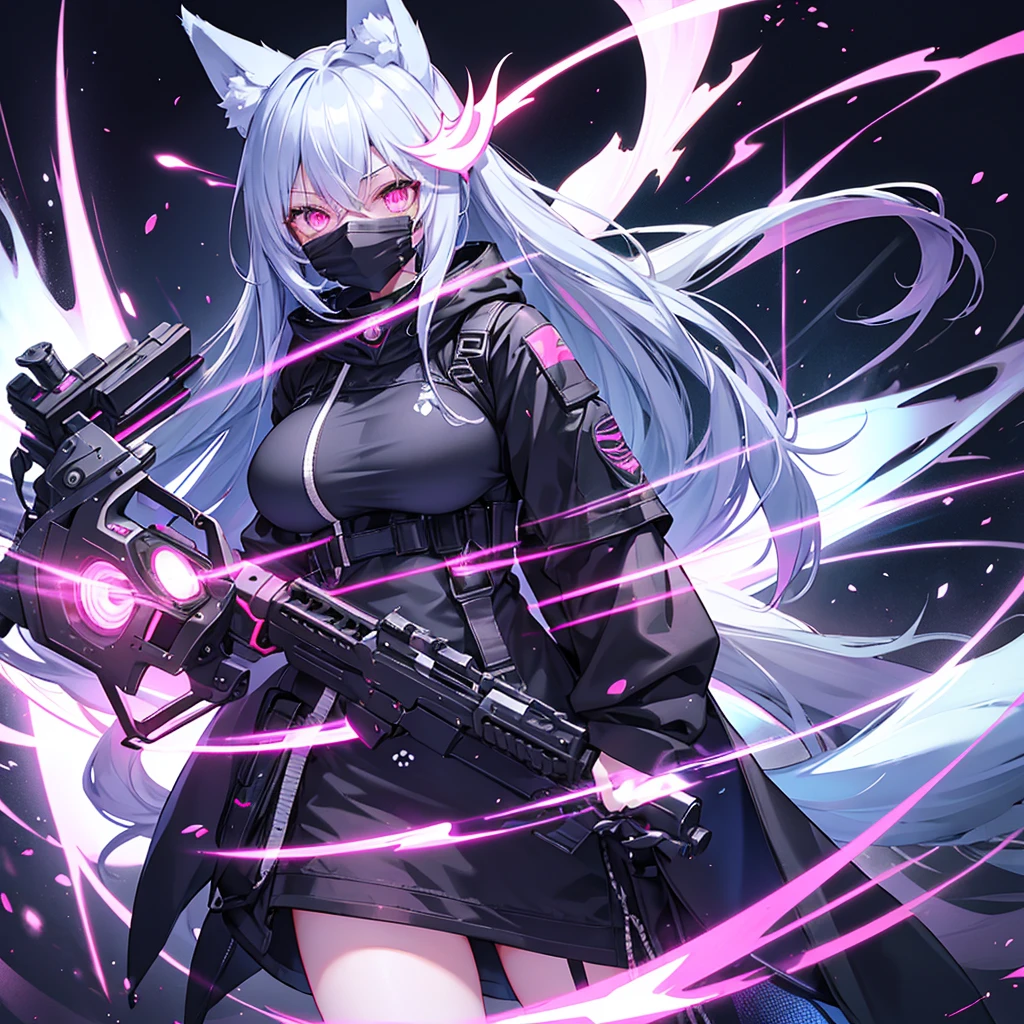 long hair, dark blue hair with white highlights, Fox ears, big breasts, Pink eyes, glowing eyes, helmet with night vision device, white kitsune mask on the upper half of the face, black mask covering the mouth, open tactical suit, weapon behind back, katana in hand
