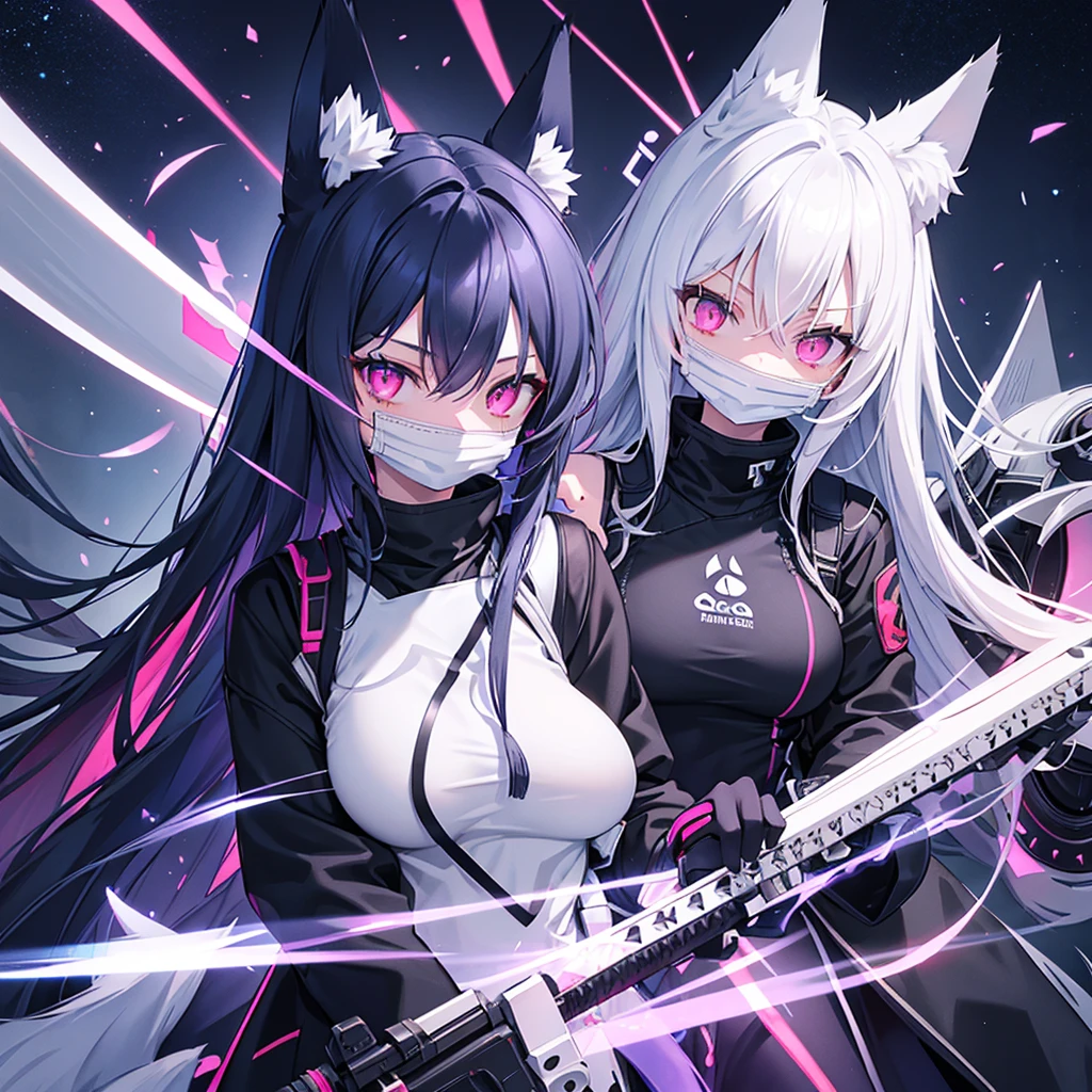 long hair, dark blue hair with white highlights, Fox ears, big breasts, Pink eyes, glowing eyes, helmet with night vision device, white kitsune mask on the upper half of the face, black mask covering the mouth, open tactical suit, weapon behind back, katana in hand