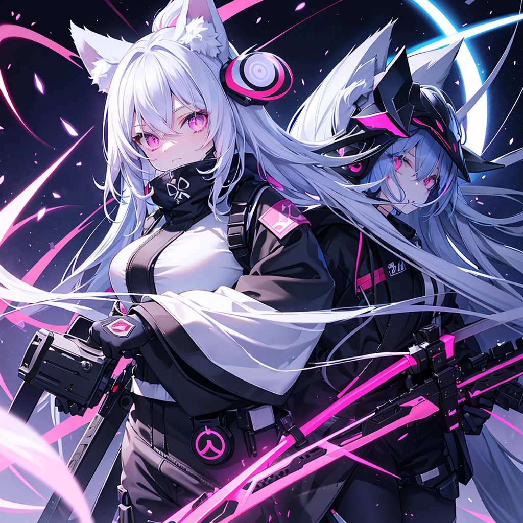 long hair, dark blue hair with white highlights, Fox ears, big breasts, Pink eyes, glowing eyes, helmet with night vision device, white kitsune mask on the upper half of the face, black mask covering the mouth, open tactical suit, weapon behind back, katana in hand
